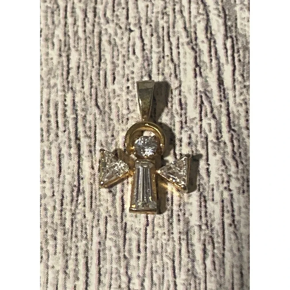 Vintage 14K Gold Filled Rhinestone Angel Cross Pendant 3/4" Guardian Angel - Picture 2 of 10